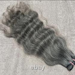 Natural Wavy Salt and Pepper Grey Human Hair weft Bundle Extensions