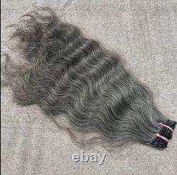 Natural Wavy Salt and Pepper Grey Human Hair weft Bundle Extensions