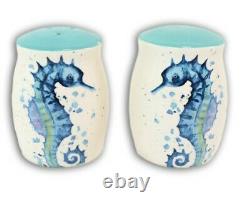 Nautical Blue White Seahorse With Bubbles Ceramic Salt And Pepper Shakers Set US