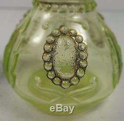 Northwood Opalescent Vaseline Glass Jewel & Flower Salt & Pepper Shakers With Gold