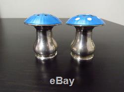 Norway Sterling Silver Mushroom BLUE Enamel Salt & Pepper Shakers 1 3/4 INCHES H