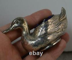 Novelty Edwardian Sterling Silver Pair of Duck Bird Shaped Salt Pepper Cruets