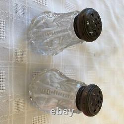 One Set of Cut Glass Salt and Pepper Shakers with Silver Tops