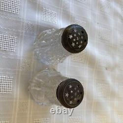 One Set of Cut Glass Salt and Pepper Shakers with Silver Tops