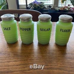 Original Vintage Beehive Jadeite Set Of 4 Sugar Flour Salt Pepper Cylinder Round