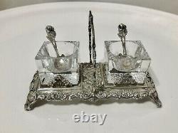 Ornate Antique 800 Silver & Glass Salt & Pepper Server Set With Matching Spoons