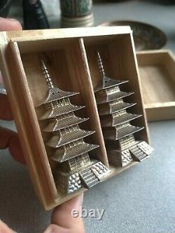 Pair 950 silver Vintage Japanese Sterling Pagoda Salt Pepper Shakers box new