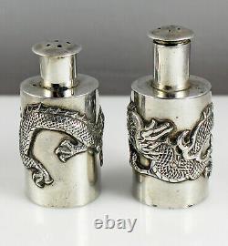 Pair Antique Chinese Export Silver Dragon Salt & Pepper Shakers Wang Hing