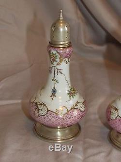 Pair Old or Antique Salt and Pepper Shakers Meissen Type Porcelain with Sterling