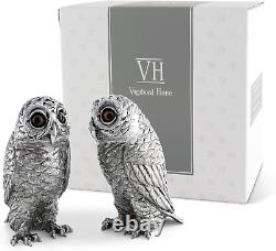 Pewter Metal Owl Salt and Pepper Shaker Set with Hand-Painted Eyes Thanksgiving