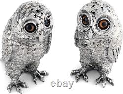 Pewter Metal Owl Salt and Pepper Shaker Set with Hand-Painted Eyes Thanksgiving