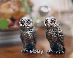 Pewter Metal Owl Salt and Pepper Shaker Set with Hand-Painted Eyes Thanksgiving