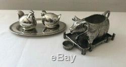Pierre Deux Pewter Cow Creamer & Rooster/Hen Salt & Pepper Shakers With Tray