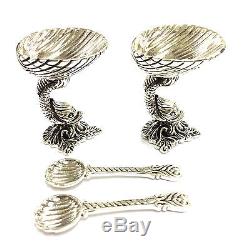 Quality Victorian Style 925 Sterling Silver Dolphin Salt Pepper Dish Spoon Pair