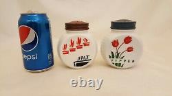 R- Vintage Large Milk Glass Salt Pepper Shakers Art Deco Metal Lids Red Blue