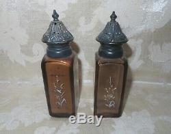 RARE MATCHING Victorian 1890's Mary Gregory Amber Glass Salt & Pepper Shakers