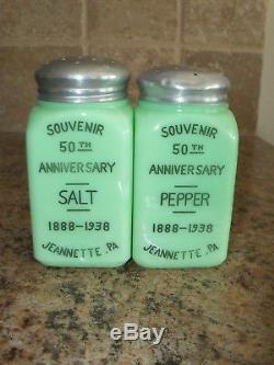 RARE McKee Jadeite Jadite 50th Anniversary Salt & Pepper Range Shakers 1888-1938