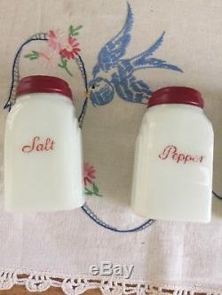 RARE Mckee Tipp Art Deco Roman Arch Red Letter Salt Pepper Flour Sugar Shakers