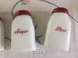 RARE Mckee Tipp Art Deco Roman Arch Red Letter Salt Pepper Flour Sugar Shakers