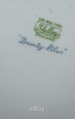 RARE! SHELLEY ENGLAND DAINTY BLUE SALT & PEPPER & MUSTARD SET WithTRAY HOLDER