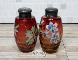 RARE Victorian Glass Shakers 2 Set Tapered Amberina Barrel Hand Decorated 1883