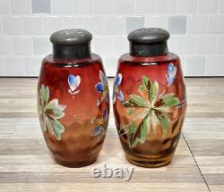 RARE Victorian Glass Shakers 2 Set Tapered Amberina Barrel Hand Decorated 1883