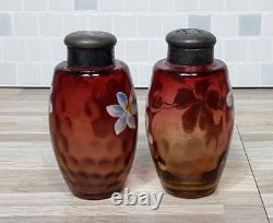 RARE Victorian Glass Shakers 2 Set Tapered Amberina Barrel Hand Decorated 1883