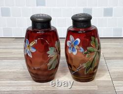 RARE Victorian Glass Shakers 2 Set Tapered Amberina Barrel Hand Decorated 1883