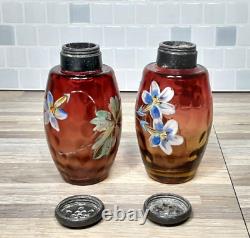 RARE Victorian Glass Shakers 2 Set Tapered Amberina Barrel Hand Decorated 1883