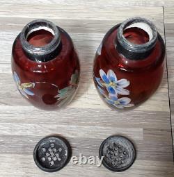 RARE Victorian Glass Shakers 2 Set Tapered Amberina Barrel Hand Decorated 1883