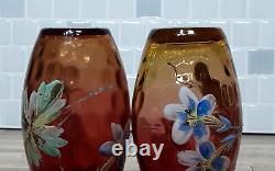 RARE Victorian Glass Shakers 2 Set Tapered Amberina Barrel Hand Decorated 1883