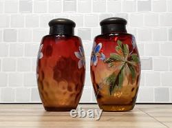 RARE Victorian Glass Shakers 2 Set Tapered Amberina Barrel Hand Decorated 1883