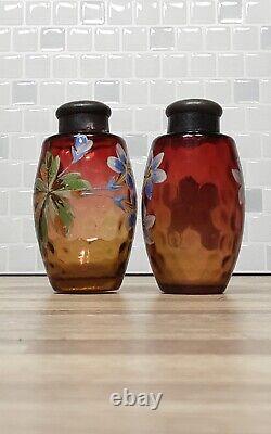 RARE Victorian Glass Shakers 2 Set Tapered Amberina Barrel Hand Decorated 1883