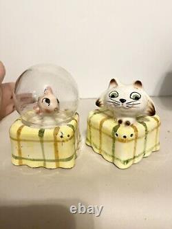 RARE Vintage Menshik Anthropomorphic Cat And Fish Bowl Salt And Pepper Shakers