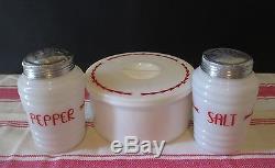 RARE Vintage White Milk Glass Red Arrows Salt Pepper Beehive Drippings Range Set