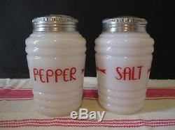 RARE Vintage White Milk Glass Red Arrows Salt Pepper Beehive Drippings Range Set