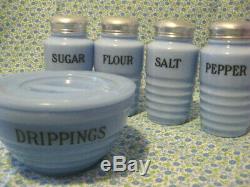 RARE! Vntg/Antique Delphite set Shakers salt/pepper/flour/sugar Drippings Bowl