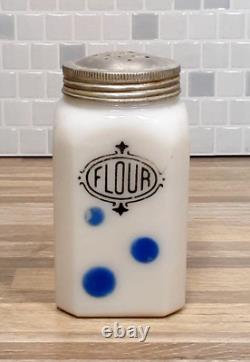 Rare 1930's Hazel Atlas FLOUR Glass Shaker w Blue Polka Dots
