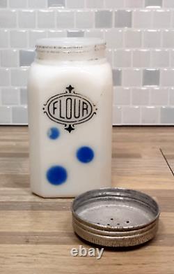 Rare 1930's Hazel Atlas FLOUR Glass Shaker w Blue Polka Dots
