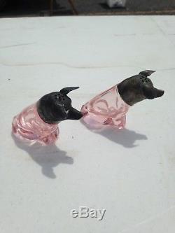 Rare Antique Pink Depression Glass Pig Salt Pepper Shakers Pewter Top