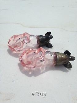 Rare Antique Pink Depression Glass Pig Salt Pepper Shakers Pewter Top