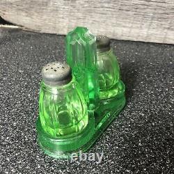 Rare Antique vaseline Glass Salt And Pepper Shakers With Caddy