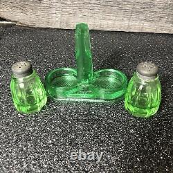 Rare Antique vaseline Glass Salt And Pepper Shakers With Caddy