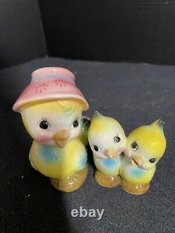 Rare Norcrest Salt & Pepper Shakers Blue Yellow Mom And Baby Birds with Hats