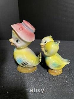 Rare Norcrest Salt & Pepper Shakers Blue Yellow Mom And Baby Birds with Hats