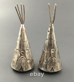 Rare Old Pawn Fred Harvey Era Navajo Sterling Silver Teepee Salt Pepper Shakers