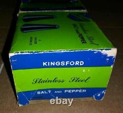 Rare PAIR of Retro KINGSFORD Stainless Steel NASCO Metal Salt & Pepper SHAKERS