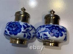 Rare Porcelain & Brass Blue Floral Salt & Pepper Shaker Set 5/8 Holes Vintage