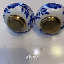 Rare Porcelain & Brass Blue Floral Salt & Pepper Shaker Set 5/8 Holes Vintage