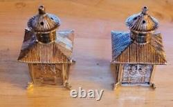 Rare Thistle and Bee Sterling Mini Pagoda Salt and Pepper Shakers VG